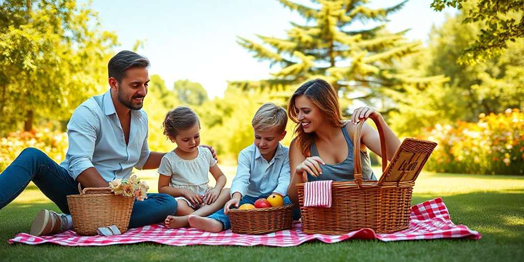 Una familia joven sentados en la grama disfrutando de un picnic.