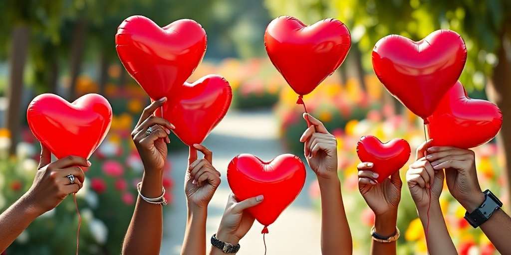 Muchas manos sosteniendo muchos globos en forma de corazones.