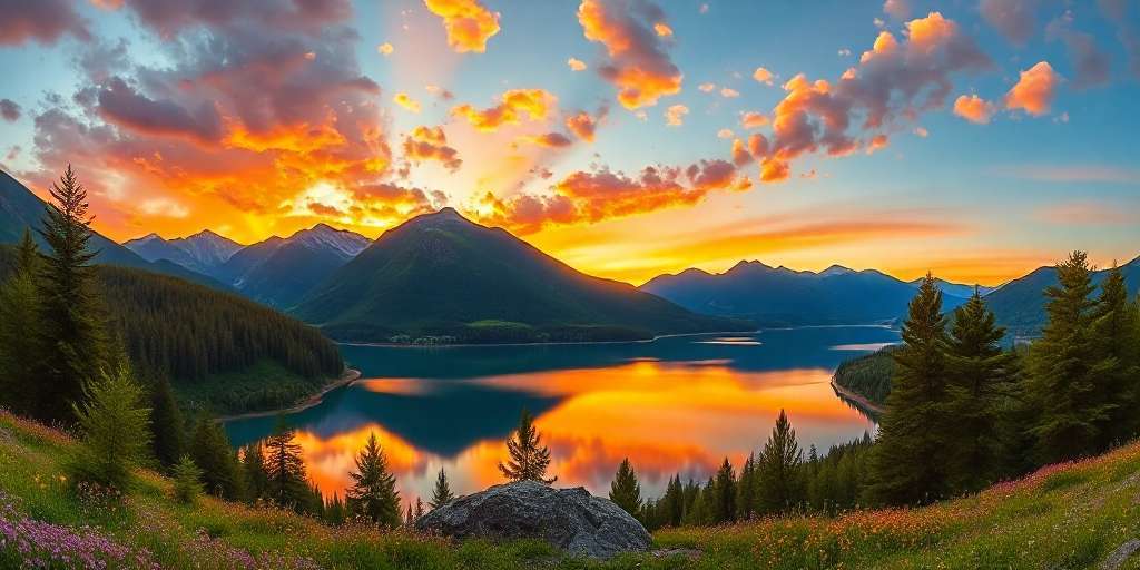Un paisaje natural de montañas y un lago con luz de la hora dorada.