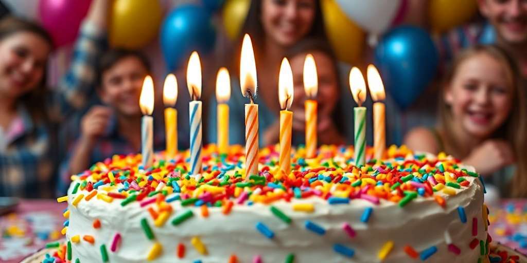 Imagen de un pàstel de cumpleaños con las velas encendidas y personas desenfocadas al fondo.