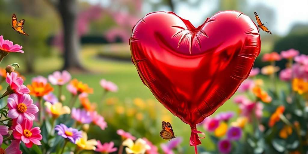 Un globo en forma de corazón en un campo lleno de flores.