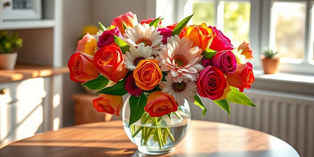 Un jarrón de flores sobre una mesa.